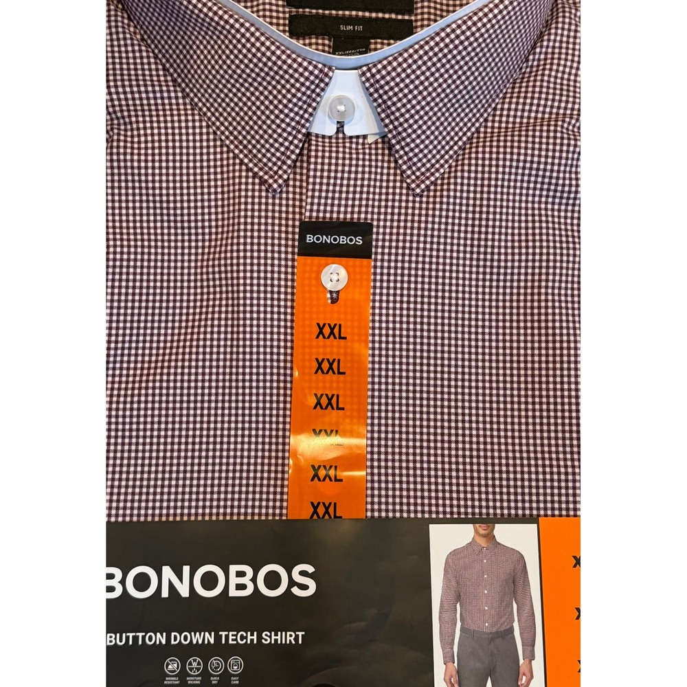 NWT Bonobos Mens XXL Slim Fit Button Down Tech Shirt Purple‎ Gingham Long Sleeve